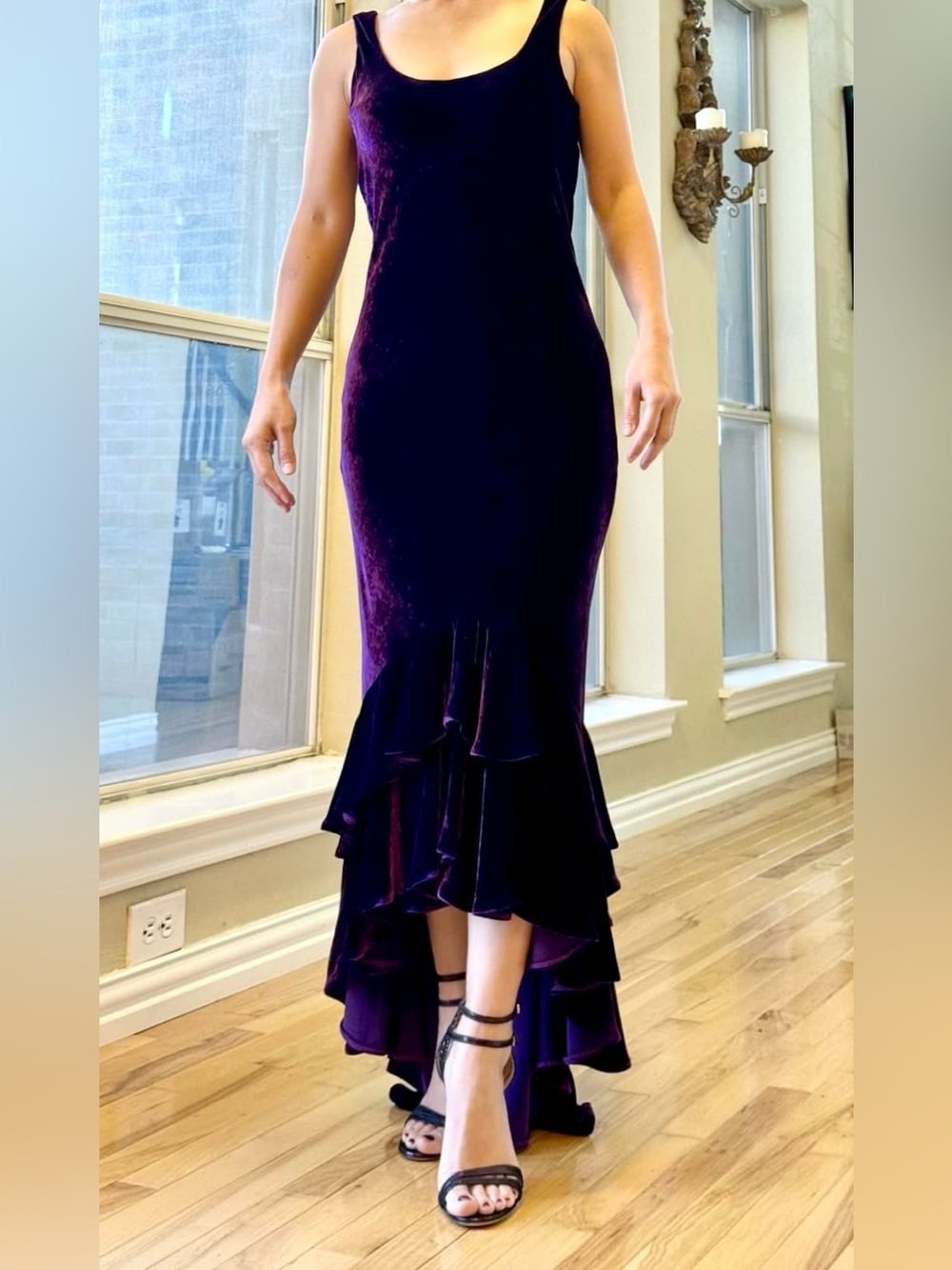 Ralph Lauren Purple Label Deep Purple Velvet High-Low Ruffle Hem Dress